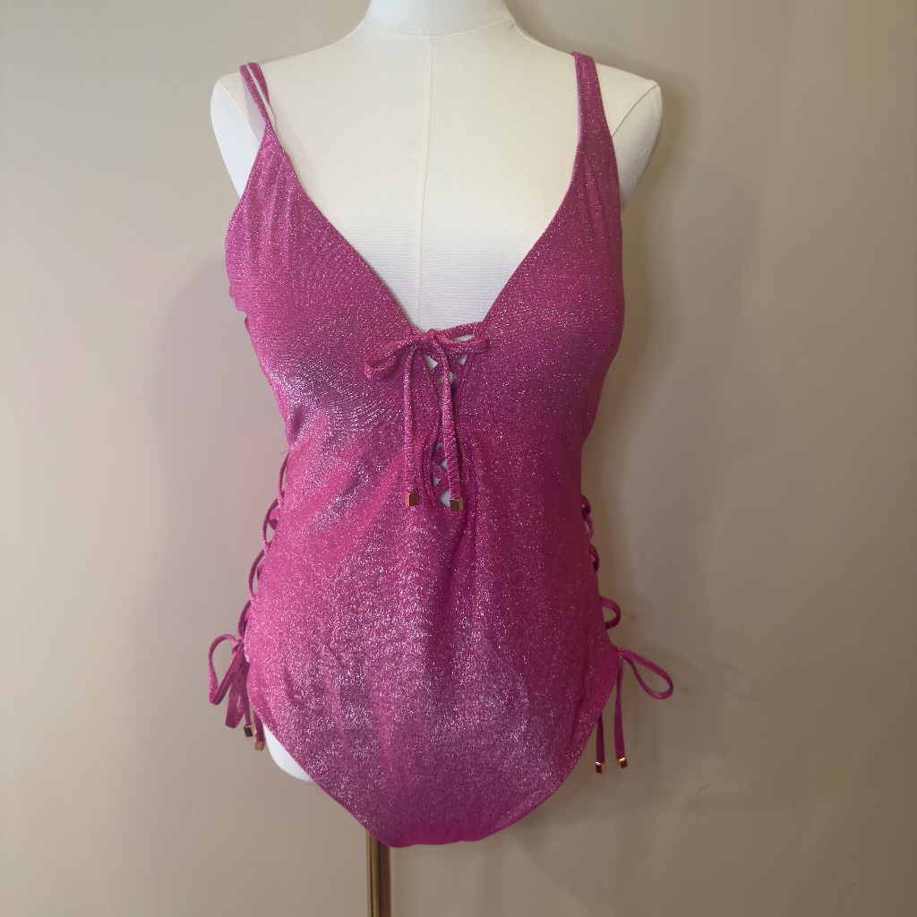 Nwt Bar Iii Women's Shimmer Lace-Up One-Piece Swimsuit - Jazzed